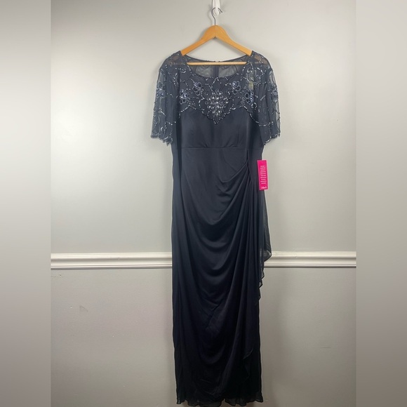 Xscape Plus Size Long Beaded Sequin Illusion Neckline Jersey Dress 18W Navy FLAW - Picture 4 of 15